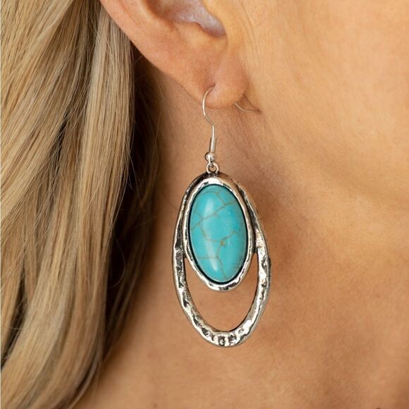 Silver and Turquoise Oval Drop Earrings - Picture 2 of 2